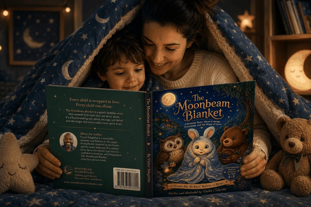 Mother and child reading The Moonbeam Blanket, showing how bedtime stories build confidence in children