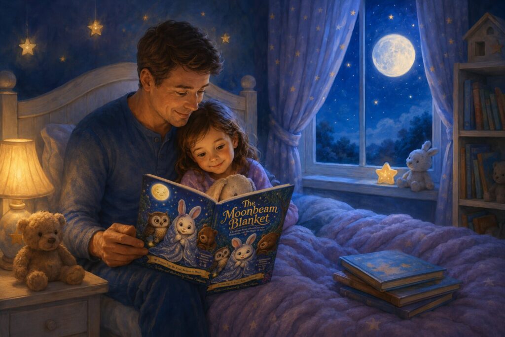 Parent and child reading bedtime stories together in a cosy moonlit bedroom